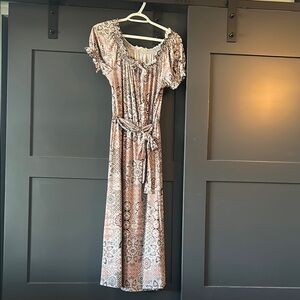 Gold Puff Sleeve Square Neck Midi Dress